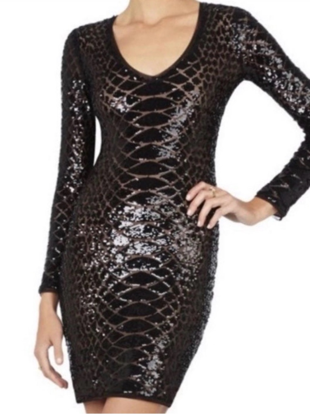 BCBGMAXAZRIA Sabryna Black Sequin Mesh V-Neck Long Sleeve Mini Cocktail Dress L